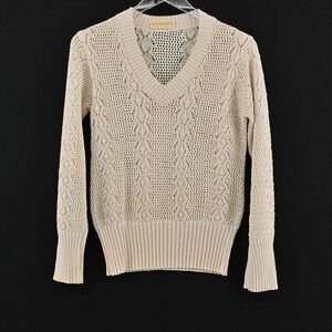 Vintage 80s Vivanti Cable Knit Sweater Womens Size S Cream Grandpa Open V Neck